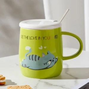 Cat Love 14oz Mug with Lid and Spoon - Green