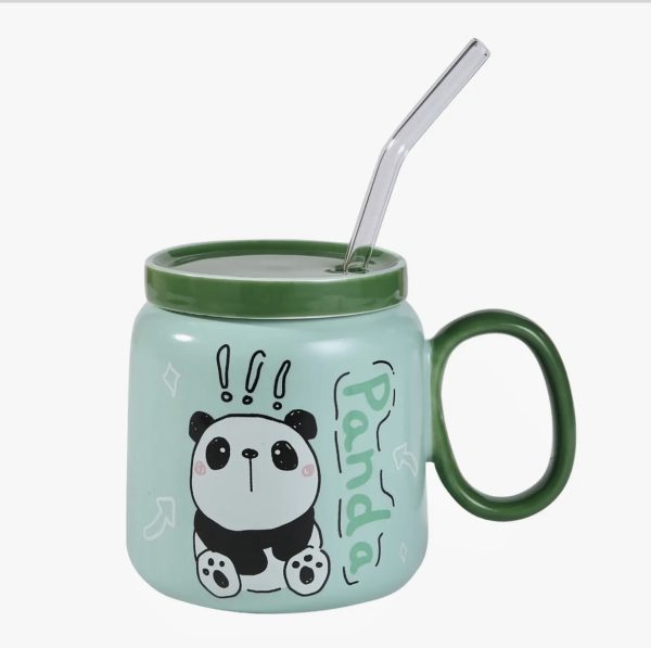 Curious Panda 14oz Mug with Lid and Straw