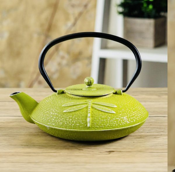 Green Dragonfly Design 37oz Cast Iron Tea Pot