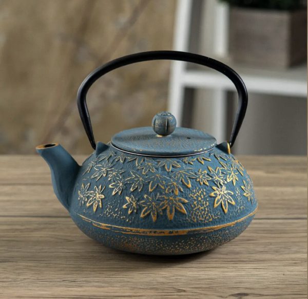 Turquoise Maple Leaves Momiji Design 40oz Cast Iron Tea Pot