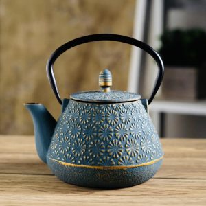 Teal Blue Plum Flower 32oz Cast Iron Tea Pot