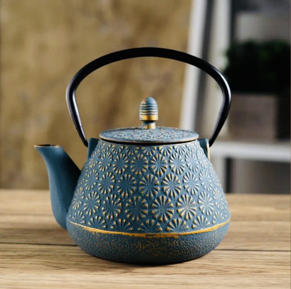 Teal Blue Plum Flower 32oz Cast Iron Tea Pot