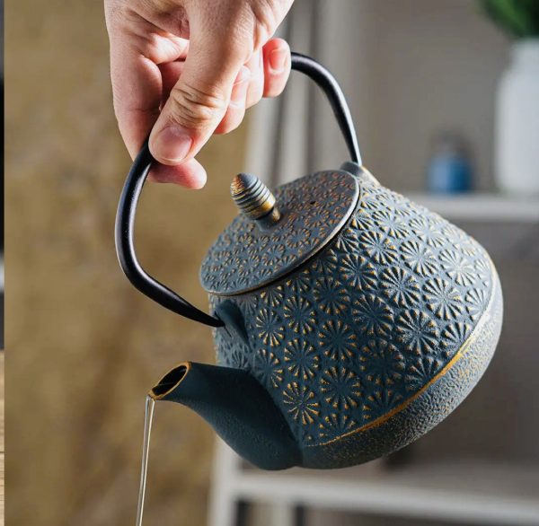 Teal Blue Plum Flower 32oz Cast Iron Tea Pot