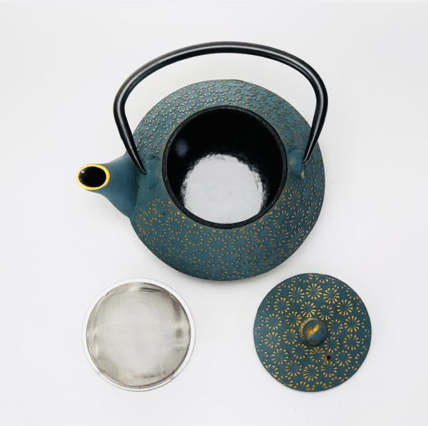Teal Blue Plum Flower 32oz Cast Iron Tea Pot