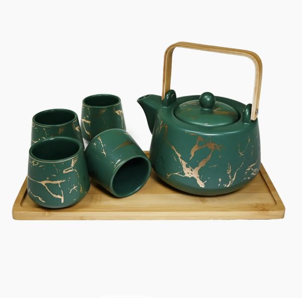 Tea Set - Green with Gold Marble Veining
