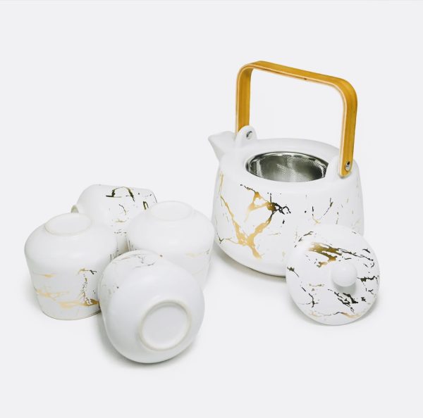 Tea Set - White with Gold Marble Veining