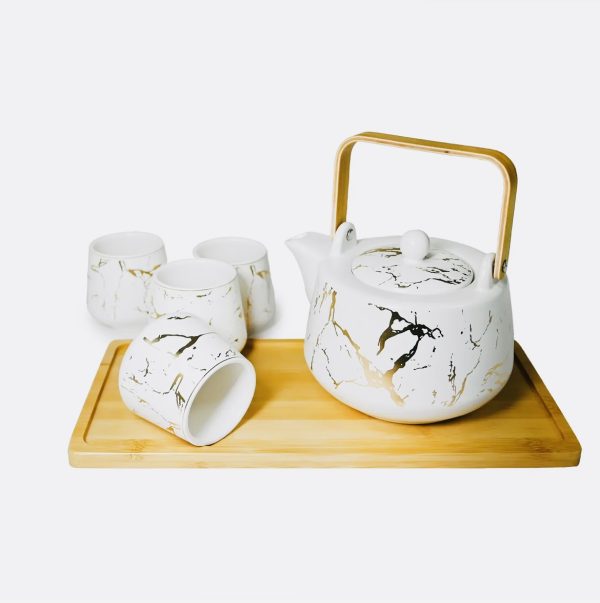 Tea Set - White with Gold Marble Veining