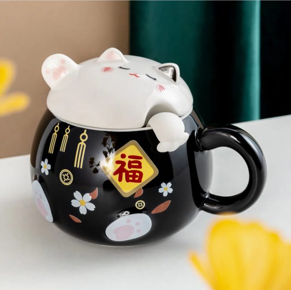 Fortune Cat 15oz Mug with Lid and Spoon-Black